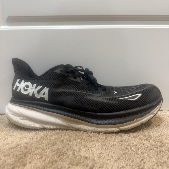 Hoka One One Clifton 9 Wide Shoes Mens Size‎ 12.5 2E Black White Running Cushion